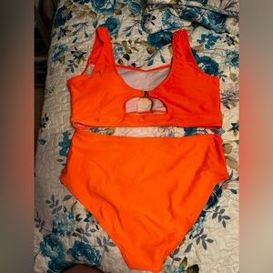 Swim Vcay Plus Solid Bikini Set Knot Front Buckle Back Top Ruched High Waisted